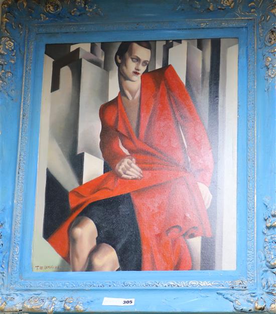 After Tamara de Lempicka, oil on board, portrait of a woman in a red dress, 60 x 49cm